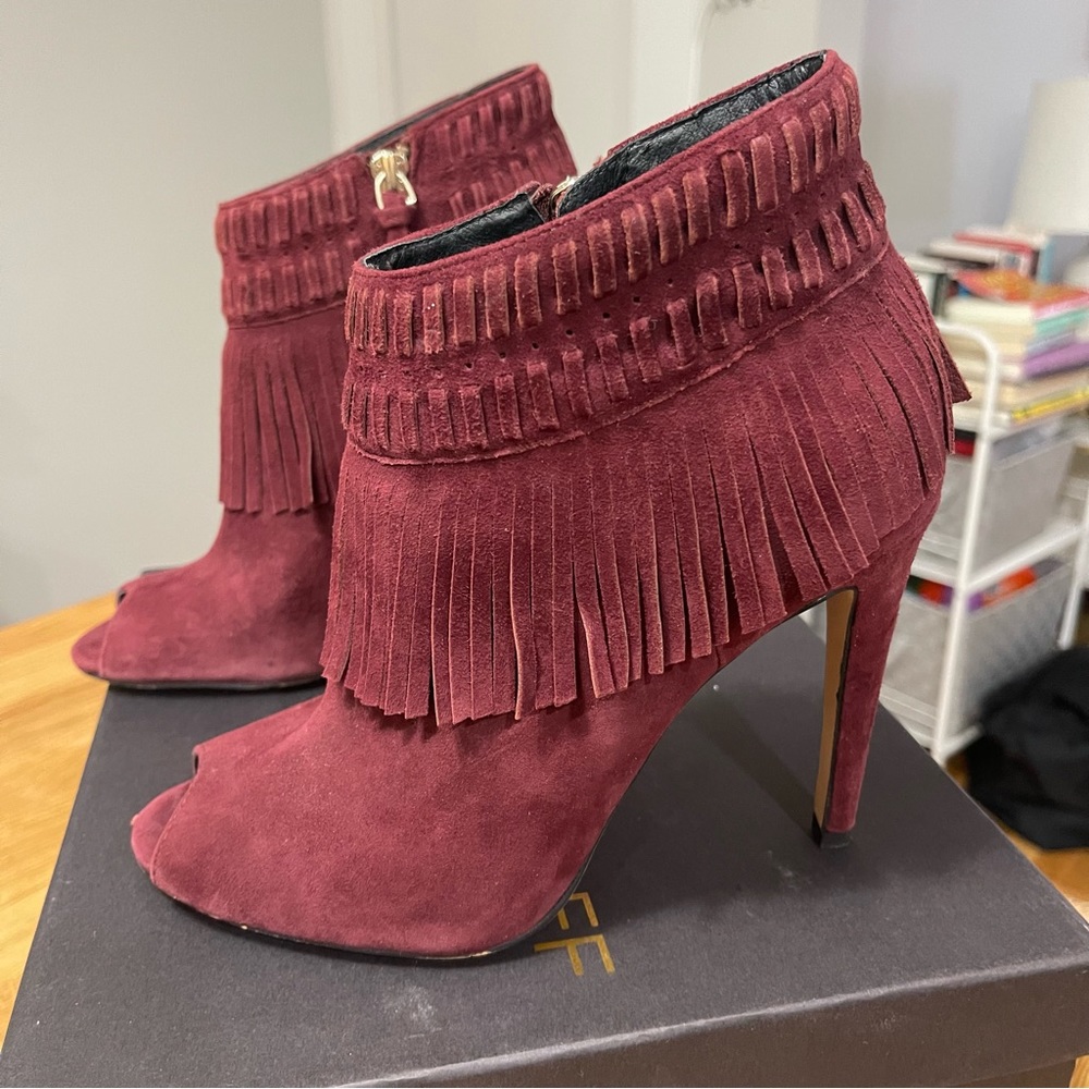 Rebecca Minkoff Women's Rio Fringe Open Toe Booties, Port - Picture 2 of 10